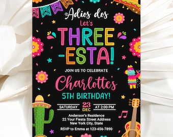 Three-esta Birthday Invitation, Fiesta Invitation, Editable Mexican Theme Birthday Invitation, Cinco De Mayo Template AMY067