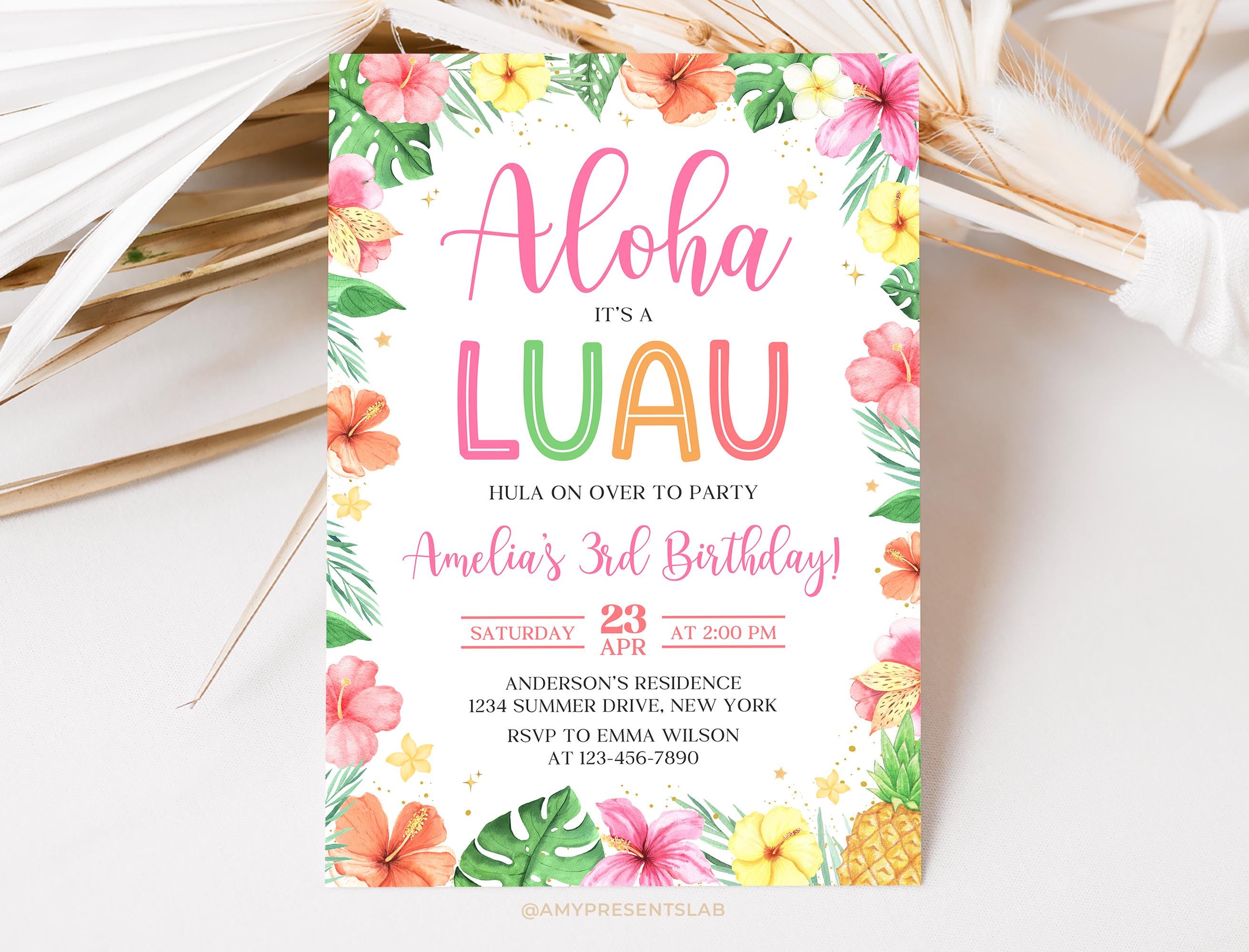 Aloha Luau Birthday Invitation, Hawaiian Birthday Invite, Girl