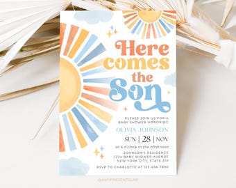 Hier kommt der Sohn Baby Shower Einladung, Sunshine Baby Shower Invite, Boy Boho Sonshine Shower, 5x7 Canvas