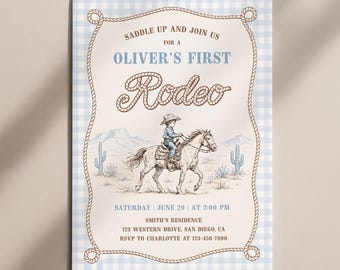 First Rodeo Birthday Invitation Boy Cowboy 1st Birthday Invite, Retro Wild West Invitation Template AMY001