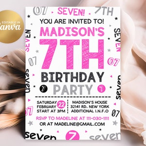 7th Birthday Invitation, 7th Invitation, Editable Girl 7th Birthday Invites, 5x7 Canva