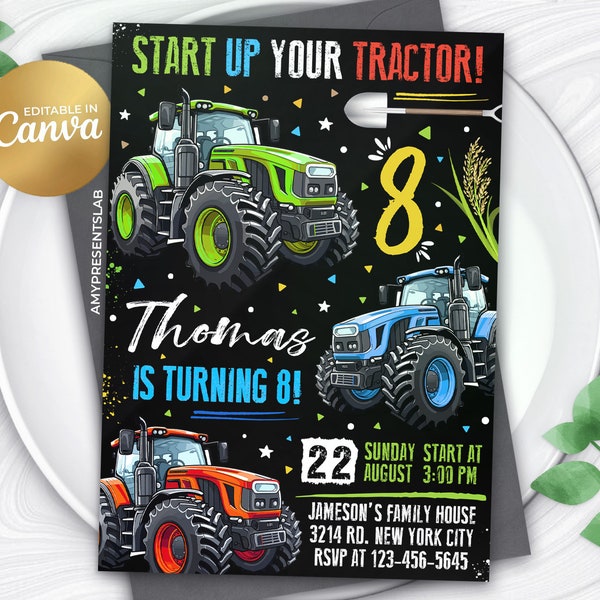 Tractor Birthday Invitation, Tractor Invitation, Editable Kids Birthday Invites, 5x7 Canva