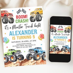 May include: A party invitation with a monster truck theme. The invitation features colorful monster trucks, the text "BOOM! CRASH!" and "ALEXANDER IS TURNING 5". A smartphone displays the same invitation.