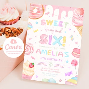 Sweet Sassy and Six verjaardagsuitnodiging, Candy 6e uitnodiging, pastel snoep uitnodiging, donut ijs cupcake verjaardagsdessert, 5 x 7 Canva
