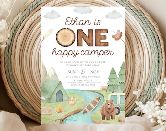 One Happy Camper Birthday Invitation, Camping 1st Birthday Invite Template AMY012