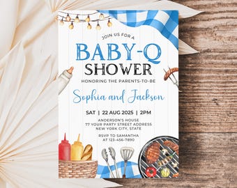 Bewerkbare Baby-Q babyshoweruitnodiging, Baby-Q achtertuin babyshoweruitnodiging, Baby-Q uitnodiging voor babyshower, uitnodigingen baby-BBQ-feestje, 5 x 7 Canva
