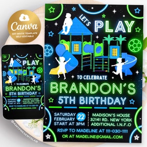 Faire-part d&#39;anniversaire pour aire de jeux, faire-part pour aire de jeux, invitation à une fête dans la jungle, salle de sport dans la jungle, invitations pour aire de jeux intérieure rebond, toile 5 x 7