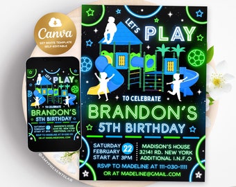 Invitación de cumpleaños para patio de juegos, invitación para patio de juegos, invitación para fiesta de gimnasio en la jungla, invitaciones para patio de juegos de interior Bounce, Canva de 5 x 7