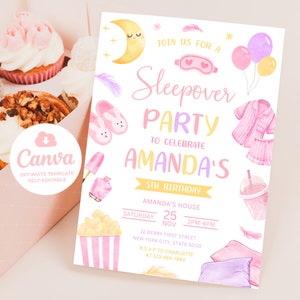 Sleepover Birthday Invitation, Sleepover Invitation, Slumber Party Birthday Invite, 5x7 Canva