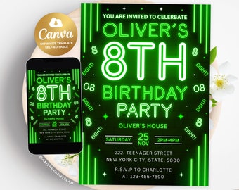 8th Birthday Invitation, Boy 8th Invitation, Editable Neon 8th Birthday Invites, 5x7 Canva