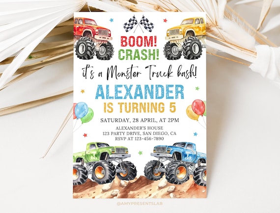 Monster Truck Birthday Invitation, Editable Monster Truck Invite, 5x7 Canva