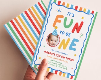 Fun To Be One Birthday Invitation, Boy 1st Birthday Invite, Colorful First Birthday Template AMY048