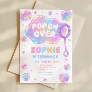 Pastel Bubble Birthday Invitation, Pop On Over Girl's Party Invite Template AMY007