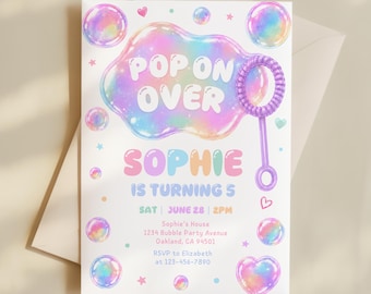 Pastel Bubble Birthday Invitation, Pop On Over Girl's Party Invite Template AMY007