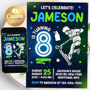Scooter Birthday Invitation, Scooter Skating Invitation, Editable Skate Park Invites, 5x7 Canva