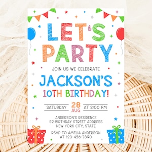 Invito di compleanno semplice e colorato, invito allegro per la festa di compleanno, modello di invito di compleanno luminoso AMY013