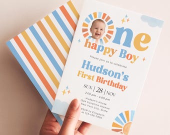 ONE Happy Boy 1st Birthday Invitation, Boy First Birthday Sunshine Theme Photo Invite Template AMY055