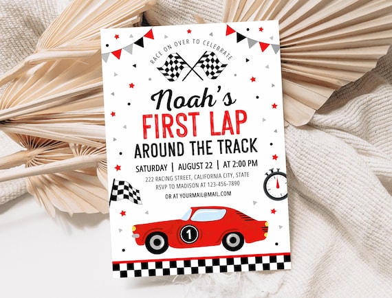 Race Car First Birthday Invitation, First Lap Around The Track Invitation, Racing Car 1st Birthday Invite, Race Car Invites, 5x7 Canva