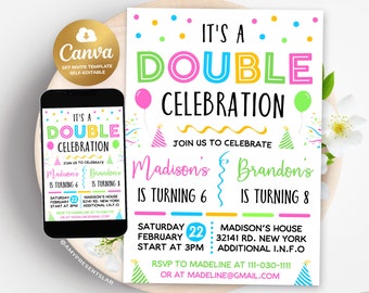 Sibling Birthday Invitation, Double Birthday Invitation, Editable Kids Birthday Invites, 5x7 Canva