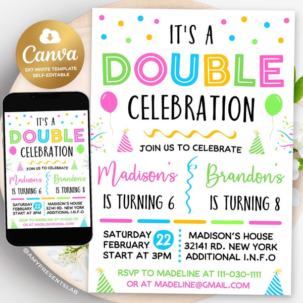 Sibling Birthday Invitation, Double Birthday Invitation, Editable Kids Birthday Invites, 5x7 Canva