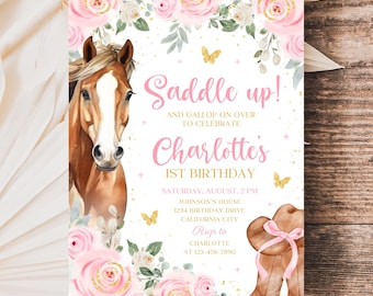Cowgirl Birthday Invitation, Invitation, Girl Horse Birthday Invite, Horse Cowgirl Pink Floral Invitation Template AMY022