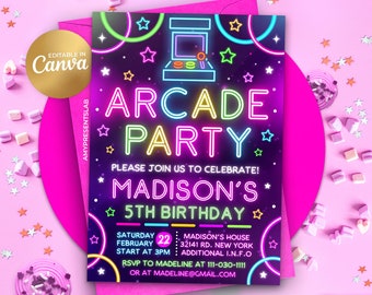 Arcade Party verjaardagsuitnodiging, Arcade Party uitnodiging, bewerkbare Neon Girl Game Arcade Party nodigt, 5 x 7 Canva