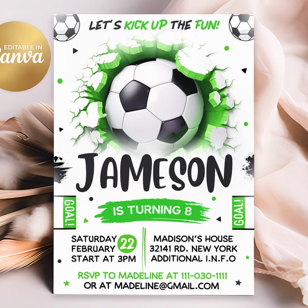 Soccer Birthday Invitation, Soccer Invitation, Soccer Invite, Editable Kids Birthday Invitation, 5x7 Canva