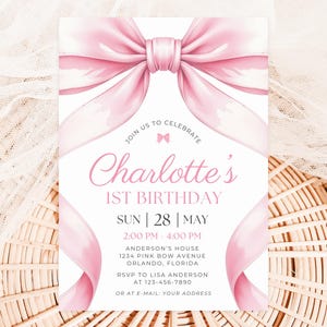 Pink Bow Birthday Invitation, Girl Pink Birthday Invite, Coquette Pink Bow Invitation, Pink Girl Ribbon Birthday Invitation, 5x7 Canva