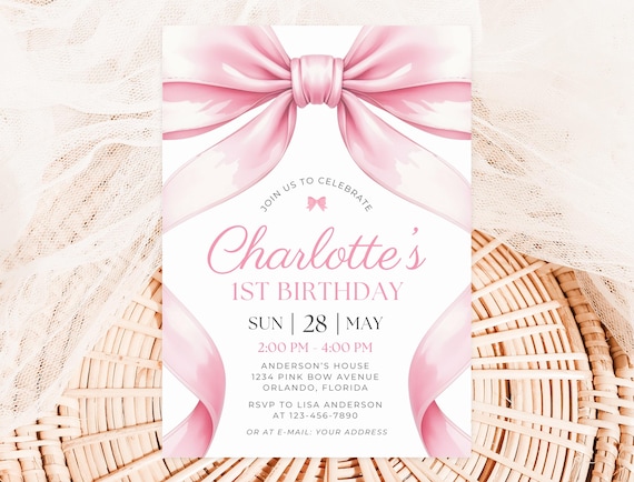 Pink Bow Birthday Invitation, Girl Pink Birthday Invite, Coquette Pink Bow Invitation, Pink Girl Ribbon Birthday Invitation, 5x7 Canva