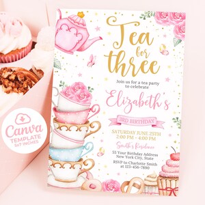 Tee für drei Geburtstagseinladung, Teeparty-Einladung, rosa Gold wunderliche Teeparty, Mädchen 3.Geburtstag einladen, 5x7 Canvas Bild 3