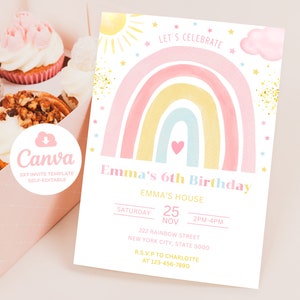Rainbow Birthday Invitation, Pastel Rainbow Invitation, Editable Kids Birthday Invites, 5x7 Canva
