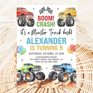 May include: A colorful invitation for a monster truck-themed birthday party. The design features four monster trucks in red, yellow, green, and blue, with the text "BOOM! CRASH!" and "it's a Monster Truck bash!" The invitation is for Alexander's 5th birthday.