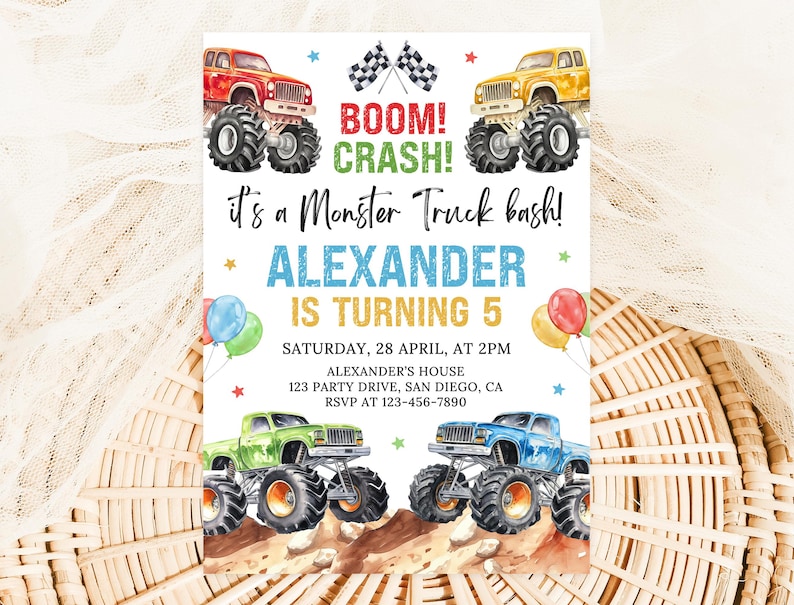 May include: A colorful invitation for a monster truck-themed birthday party. The design features four monster trucks in red, yellow, green, and blue, with the text "BOOM! CRASH!" and "it's a Monster Truck bash!" The invitation is for Alexander's 5th birthday.
