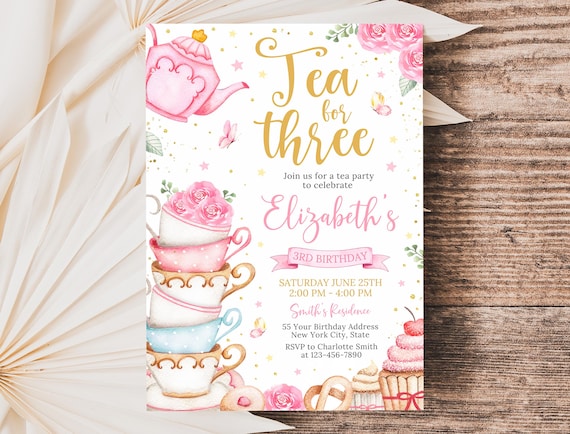 Tea For Three Birthday Invitation, Tea Party Invitation, Pink Gold Whimsical Tea Party, Girl 3rd Birthday Invite, 5x7 Canva