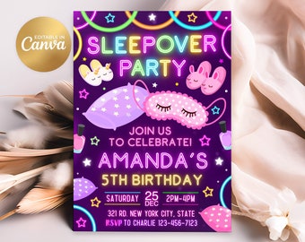 Könnte beinhalten: Eine lilafarbene Einladung mit neongelbem und grünem Text für eine Übernachtungsparty. Der Text lautet "Sleepover Party", "Join us to celebrate! Amanda's 5th Birthday", "Saturday 25 Dec 2PM-4PM", "321 Rd. New York City, State", und "RSVP to Charlie 123-456-7123".