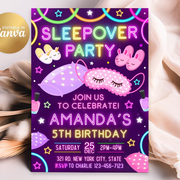 Sleepover Birthday Invitation, Sleepover Invitation, Slumber Party Birthday Invite, 5x7 Canva