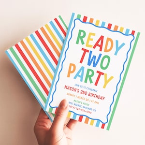 Invito di compleanno "Ready Two", modello di invito per il secondo compleanno di un bambino, modello colorato per il secondo compleanno AMY037