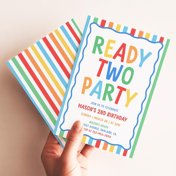 Ready Two Party Birthday Invitation, Boy 2nd Birthday Invite Template, Colorful Second Birthday Template AMY037