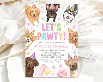 Editable Dogs Birthday Invitation, Let's Pawty Animals Birthday Invite, Puppy Invitation, Dog Party Invite Template AMY011