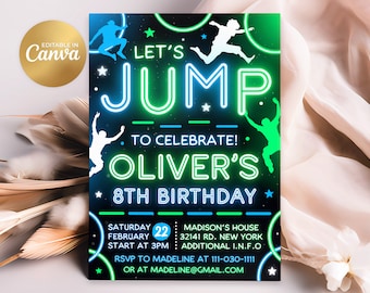 Jump Birthday Invitation, Jump Invitation, Editable Kids Trampoline Birthday Invitation, 5x7 Canva