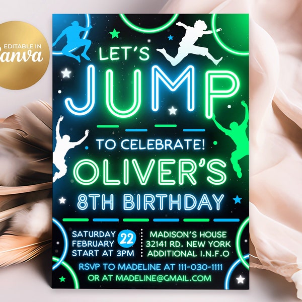 Jump Birthday Invitation, Jump Invitation, Editable Kids Trampoline Birthday Invitation, 5x7 Canva