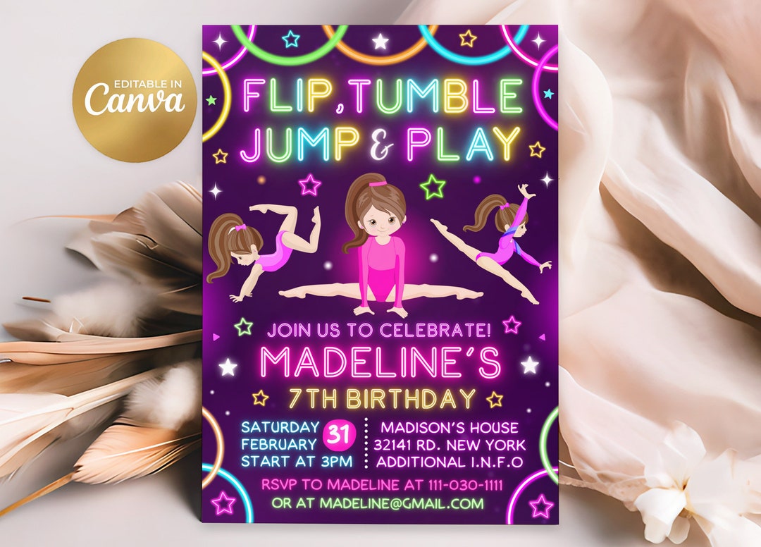 Gymnastics Birthday Invitation, Gymnastics Party Invitation, Girl