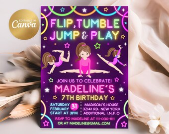 May include: A purple invitation with neon pink and green text that reads "FLIP. TUMBLE JUMP & PLAY" and "MADELINE'S 7TH BIRTHDAY". The invitation features three cartoon girls in pink leotards performing gymnastics poses. The text also includes the date, time, and location of the event.