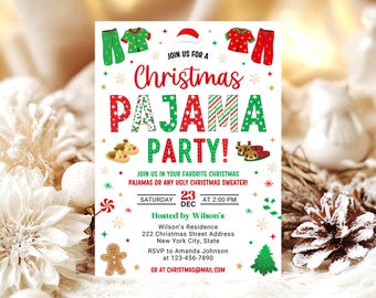 Christmas Pajama Party Invitation, Pajama Invitation, Christmas Party Invitation, Holiday Party Invite, 5x7 Canva