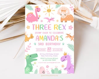 Three Rex Dinosaur 3rd Birthday Invitation, Girl Dino Party Invite Template AMY068