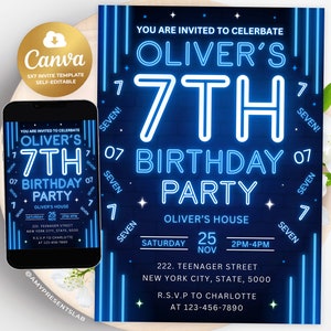 7th Birthday Invitation, Boy 7th Invitation, Editable Neon 7th Birthday Invites, 5x7 Canva
