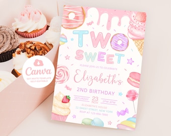 Two Sweet Birthday Invitation, Pastel Donut Party, 5x7 Canva (Digital)