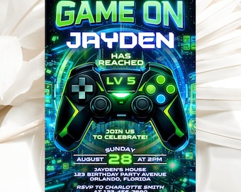 Video Game Birthday Invitation, Level Up Gamer Boy Invite Template AMY020