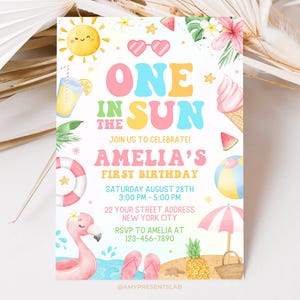 Inbjudan till 1-årsdag med solmotiv, sommar- och tropisk födelsedagsinbjudan för flicka, inbjudningar till poolparty, canvasduk med 5x7-motiv