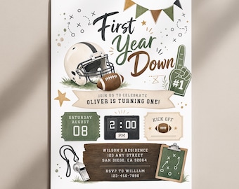 First Year Down Birthday Invitation, Football Boy 1st Birthday Invite Template AMY062